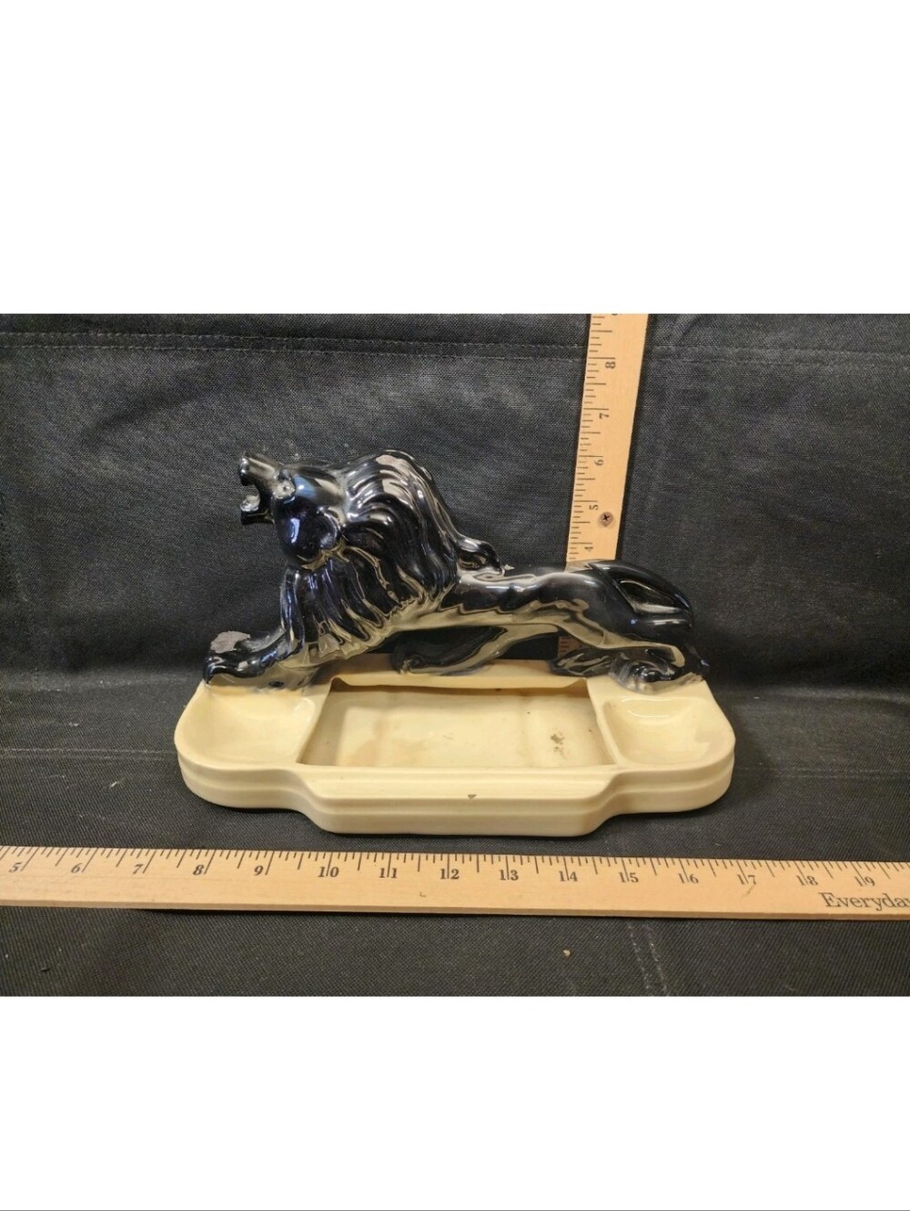Vintage Standing Black Lion Art Pottery Desk Dresser Caddy Organizer MCM